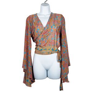 Wevez Silk Wrap Cropped Blouse Top Paisley Floral Made in India Boho Free Size